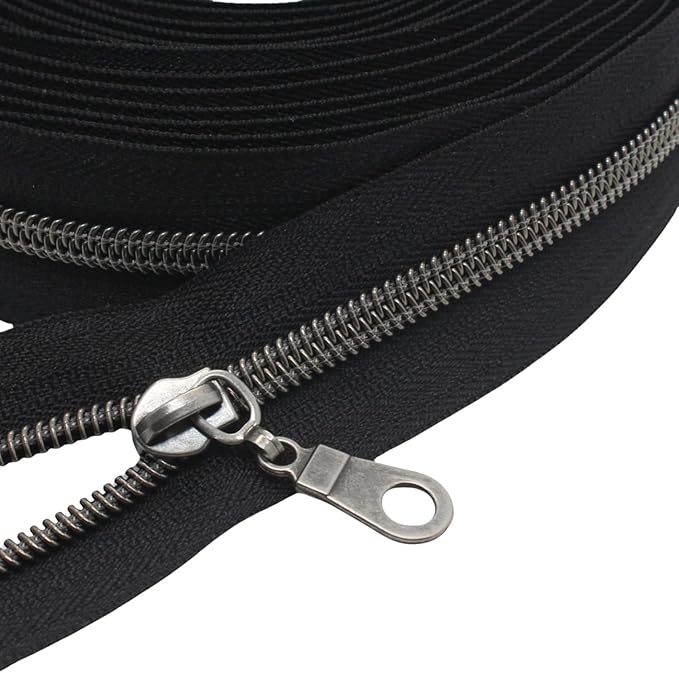 MebuZip #5 Gunmetal Metallic Nylon Coil Zippers by The Yard Bulk Coil Zipper Roll 10 Yards with 25pcs Pulls for DIY Sewing Craft Bags (Black)
