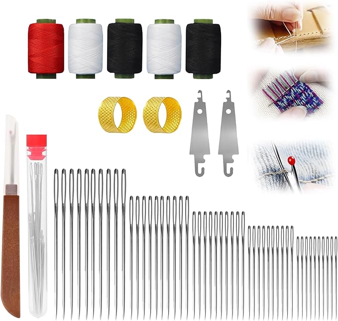 60Pcs Big Eye Stainless Steel Sewing Needles Kit, Stainless Steel Needles for Hand Sewing, with Threaders, Thimbles & Seam Ripper, Travel Sewing Kit for Adults Beginners, Quilting Embroidery Supplies