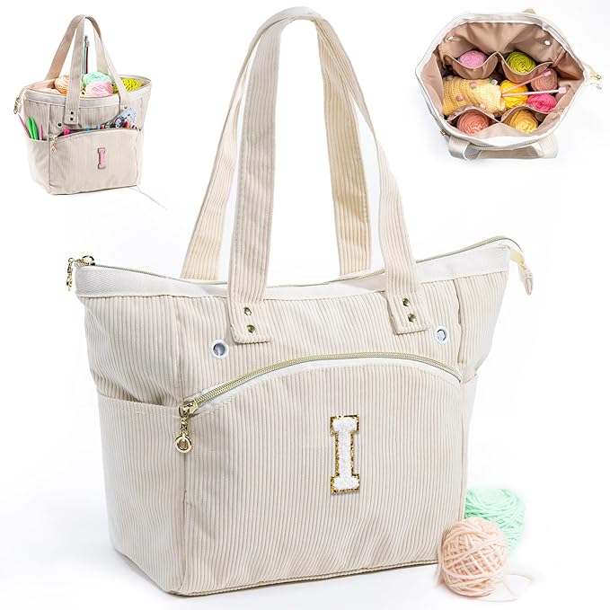 Initial Personalized Crochet Tote - Corduroy Yarn Storage Holder - Organizer for Hooks, Accessories - Project Knitting Bag - Crochet Lover Gift