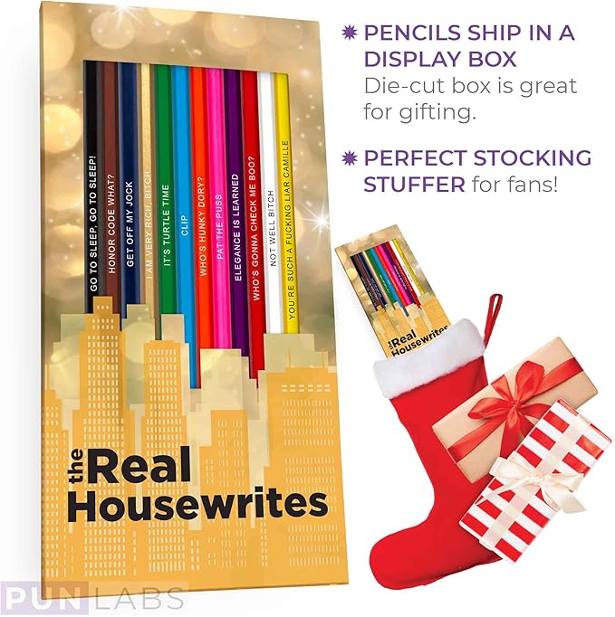 Real Housewrites Colored Pencil Set for Fans | 12 Real Housewives-Inspired Parody Pencils | Foil-Stamped with Clever Show References | Ideal Real Housewives Gifts & Merch for Fans