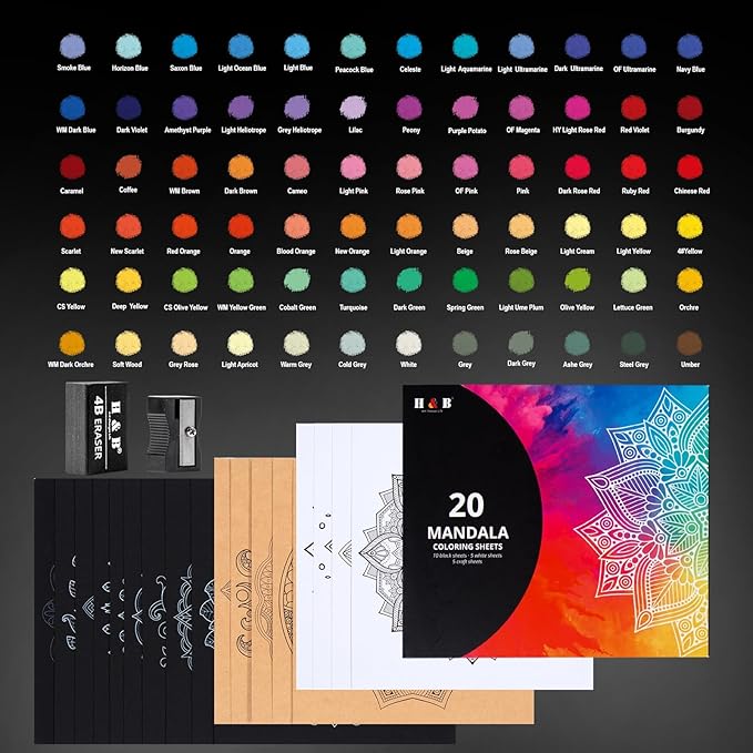 H & B 72-Color Colored Pencils Set with Mandala Coloring Sheets, Eraser, Sharpener - Soft Oil-Based CoresArt Supplies Drawing Kit for Adults, Kids, and Beginners