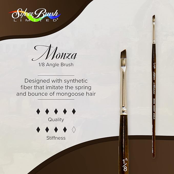 Silver Brush Limited 2633S Monza Angle Brush, Oil, Acrylic, and Watercolor Brush, Short Handle, Size 1/8"