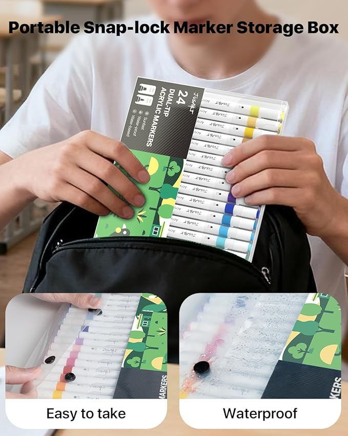 JusArt 24 Colors Acrylic Paint Markers, Dual Tip Coloring Markers with Dot and Fine Tip for Rock, Fabric, Wood, Glass, Ceramic, Canvas, Vibrant Art Supplies and DIY Crafts Art Supplies
