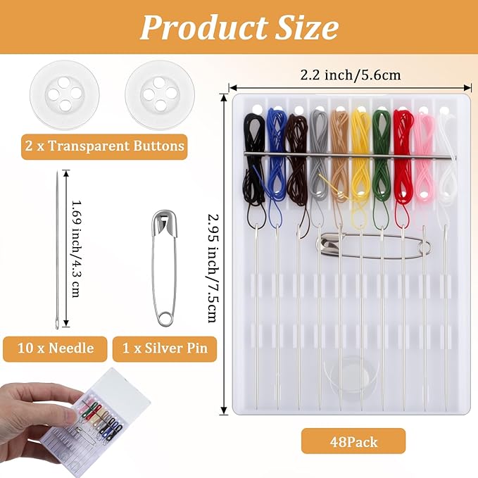 MAQUITA 48 Boxes Mini Quick Fix Sewing Kit Easy Pre Threaded Needle Basic Personal Kit Plastic Threaded Needle Holder Small Home Travel Sewing Box with Pin Button