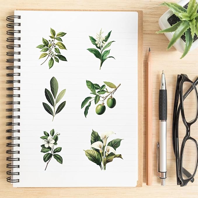 50-Piece Transparent Waterproof Greenery Plant Stickers for Scrapbooking, Journaling & Crafting – Realistic Botanical Leaves, Ferns, and Tropical Plants, Self-Adhesive Decorative Stickers
