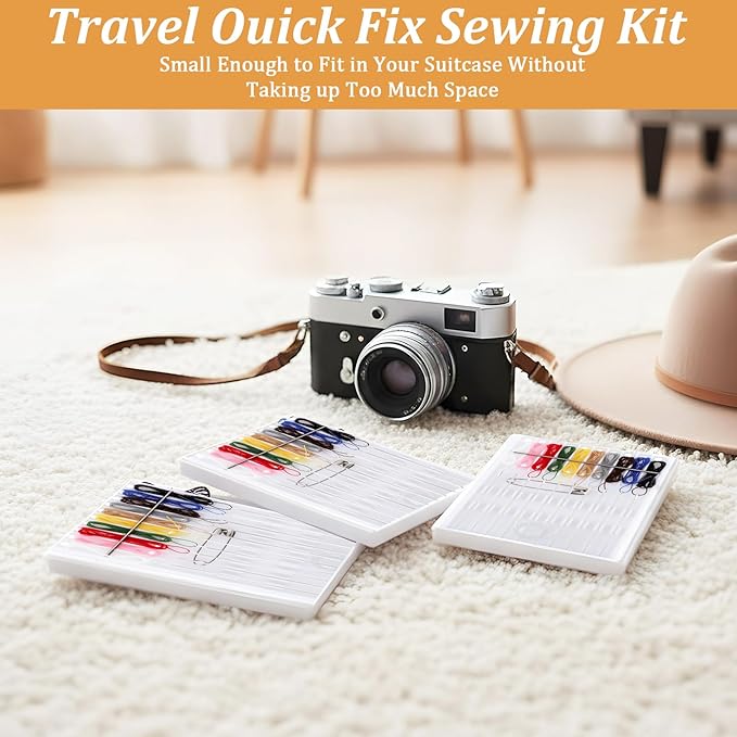 MAQUITA 48 Boxes Mini Quick Fix Sewing Kit Easy Pre Threaded Needle Basic Personal Kit Plastic Threaded Needle Holder Small Home Travel Sewing Box with Pin Button