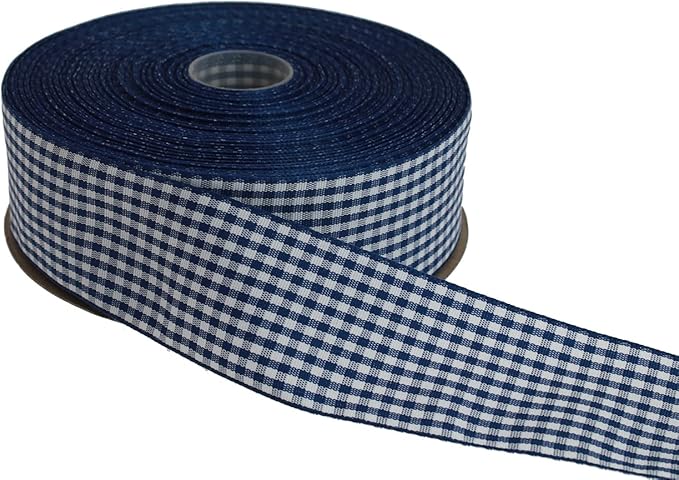 Gingham Ribbon 50 Yard Each Roll 100% Polyester Woven Edge (1/1-2" x 50 Yards, Dark Blue)
