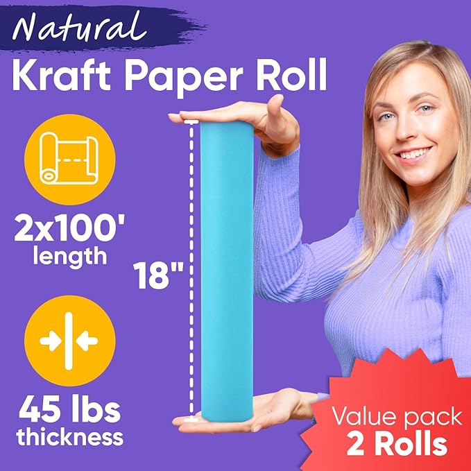 18" x 1200" (100 ft) Light Blue Kraft Paper Roll (Value Pack of 2), 45 lbs Thickness, Made in USA Colored Kraft Paper for School, Bulletin Board - Odorless, Non-Toxic, Safe for Kids