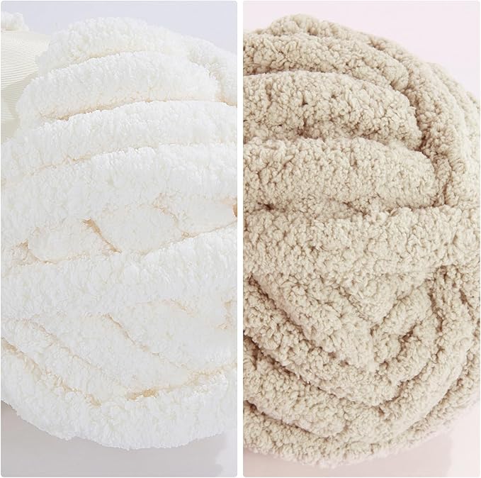 HOMBYS 8 Pack Assorted Chunky Yarn for Crocheting,Super Bulky Large Soft Fluffy Yarn,Plush Fuzzy Yarn,Thick Chenille Yarn for Hand Knitting/Arm Knitting,4 White & 4 Khaki(27yds,8 oz Each Skein)