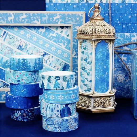 Winter Washi Tape Set 10 Rolls - Blue White Snowflake Flower Tree Decorative Tape for Bullet Journal, Planner, DIY Arts Crafts, Scrapbooking