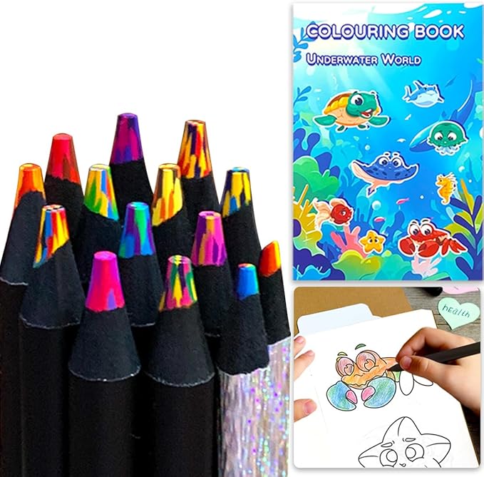 Rainbow Pencils Set 14Pcs with Coloring Book, Thicker Colored Pencil Sturdy Black Wood Art School Supplies, Gift for Kids Boys Girls Christmas Stocking Stuffers Birthday