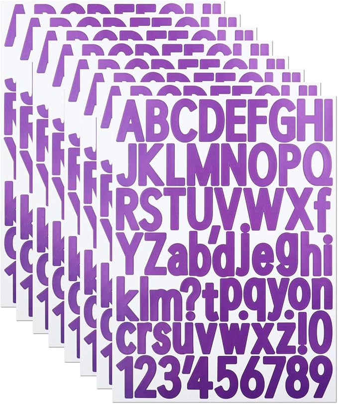 1 1/2 Inch Letter Stickers, 544 Pieces Alphabet Number Symbol Stickers for Scrapbooking, Sign, Water Bottle, Self-Adhesive Vinyl Letter Sticker Decals for Arts&Crafts - 8 Sheets Purple