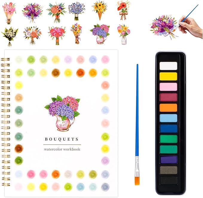 Kivzex Watercolor Workbook for Adults, Beginner Friendly Watercolor Painting Kit Bouquet Water Coloring Book, Nature-Themed Practice Art Gift Water Color Paint Book with Palette and Brush