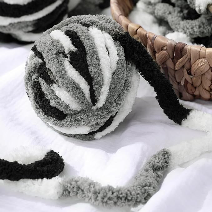 HOMBYS Grey Multi Chunky Chenille Yarn for Hand Knitting,Fluffy Soft Jumbo Yarn Crocheting,Super Bulky Big Yarn for Chunky Blanket,Large Thick Arm Knitting Yarn,8 Pack Plush Yarn