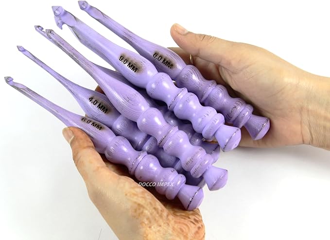 Handmade Ergonomic Wooden Crochet Hooks for Arthritic Hands (Set of 7) Needles for Yarn Accessories | Size 4 mm to 10 mm with Engraved | Yarn Tool (Purple)