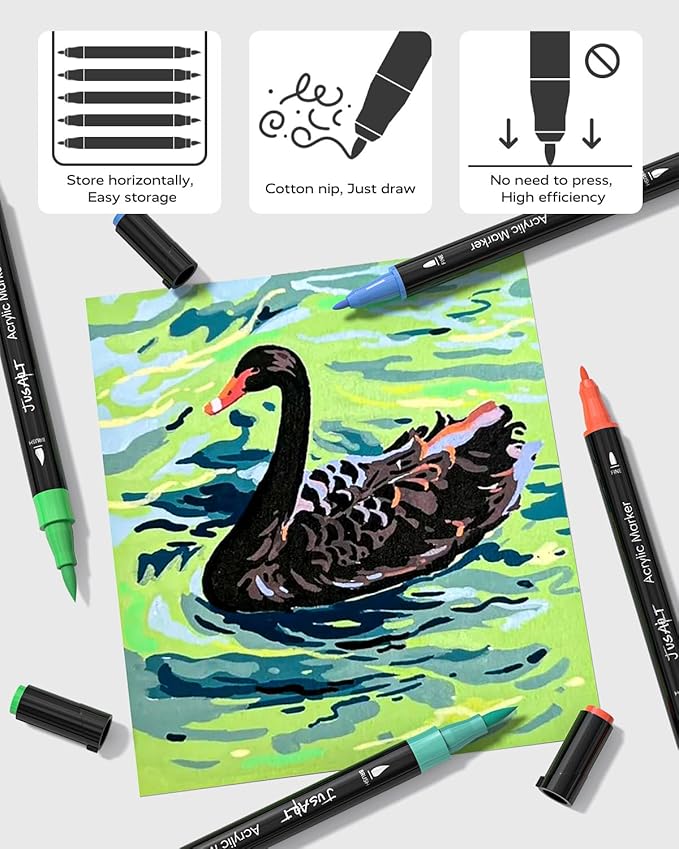JusArt 60 Colors Dual Tip Acrylic Paint Pens Markers, Brush and Fine Tip, Premium Paint Pens for Wood, Canvas, Egg, Stone, Fabric, Rocks, Metal, Glass, Ceramic, DIY Crafts Making Art Supplies Gifts
