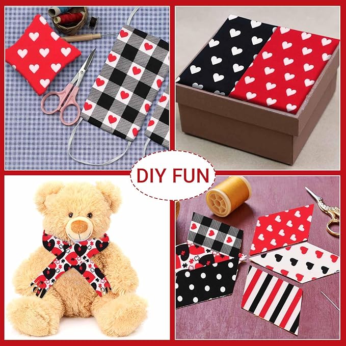 40 Pcs Red Black Love Heart Cotton Fabric Strips Polka Dots Stripes Plaid Mother's Day Fabric Bundles Strips for Quilting Crafting Precut Patchwork for Gift Sewing DIY Crafts