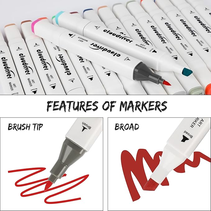 cloudriver Alcohol Markers Brush Tip, 60 Colors Dual Tip Art Markers For Adults Coloring Books Illustration Craft Card Making
