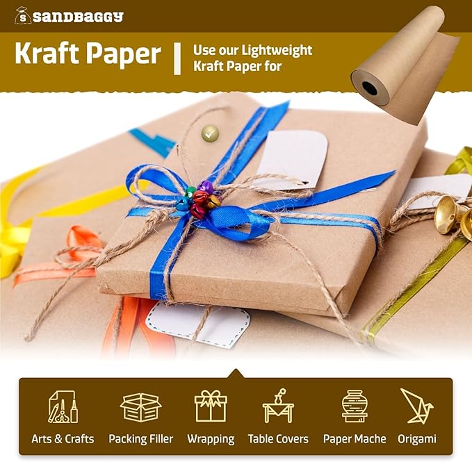 Sandbaggy Lightweight Kraft Paper Rolls - 30 lb. Recycled Paper - Shipping, Packing, Wrapping, Arts and Crafts - Made in The USA (Brown) (24 in x 1200 ft (10 roll), Brown)