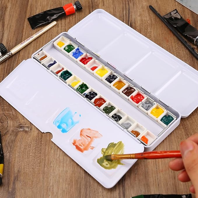 MYARTOOL Empty Watercolor Palette, Colorful Empty Watercolor Tin Palette Paint Case with 24 PCS Empty Half Pans for DIY Travel Watercolor Palette, Acrylic and Oil Painting