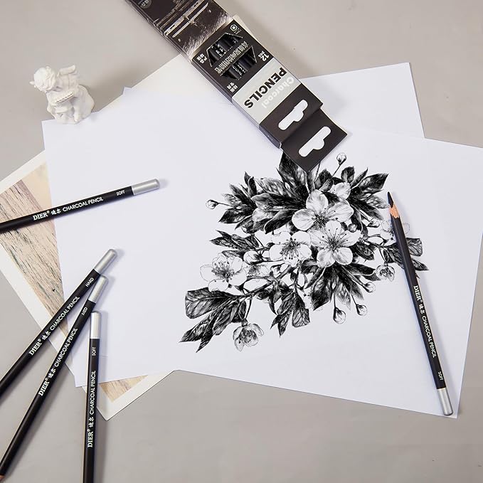 Geyoga 180 Pcs Professional Charcoal Pencils Drawing Set Soft Medium and Hard Charcoal Sketch Drawing Pencils for Beginners Artists Shading Sketching