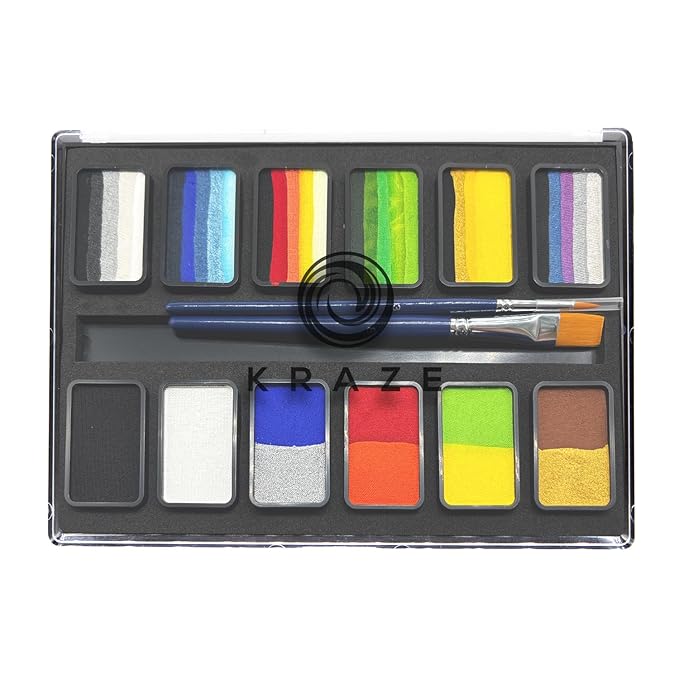 Kraze FX Transform Palette - 12 x 10 gm, Professional Face Painting, One Stroke Split Cake Palette, Water Activated, Hypoallergenic, Safe, Non Toxic Face Paint Kit for Kids & Adults