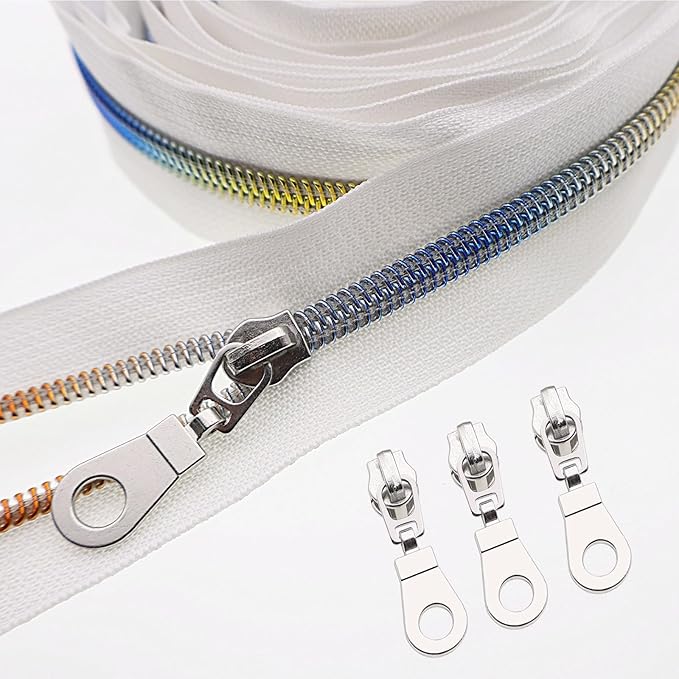 #5 Colorful Metallic Nylon Coil Zippers by The Yard, Bulk White Zipper Tape 10 Yards with 25Pcs Pulls for DIY, Sewing, Craft, Bags YIGUANXIN