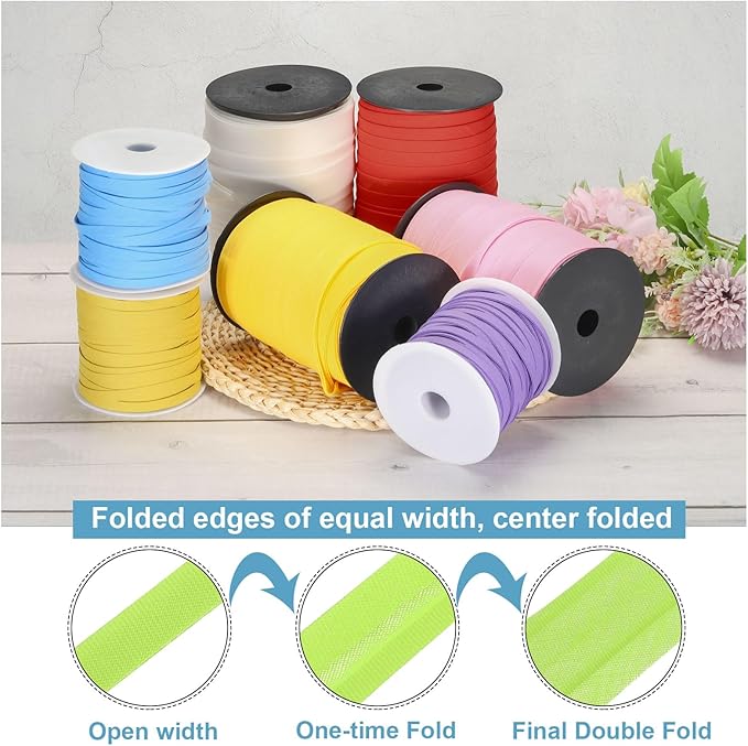 MECCANIXITY 1/4 Inch Double Fold Bias Tape Polyester Continuous Bulk Bias Tape for Sewing,Seaming Quilting Hemming Binding Crafts (Fruit Green 55 Yards)