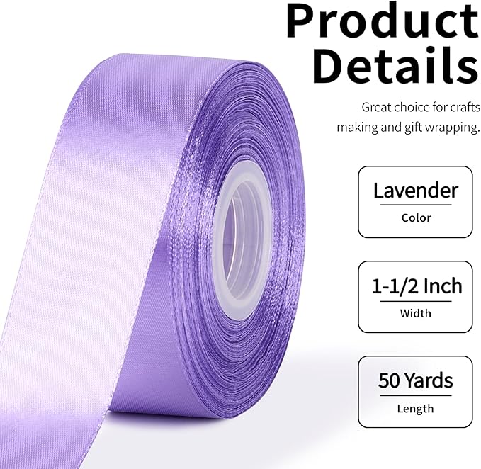 1-1/2 Inch Wide Lavender Purple Satin Ribbon, 50 Yards Solid Polyester Fabric Ribbon for Roses Making, Gift Wrapping, Valentine's Day, Wedding Decorations, Crafts, Bows