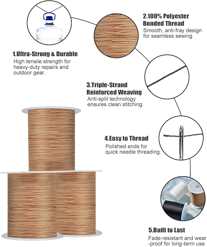 Extra Strong Upholstery Thread Repair Sewing Kit,Polyester Thread for Sewing with 7 Size Sewing Needles for Furniture,Leather&Canvas Stitching,70m/Spool,Brown