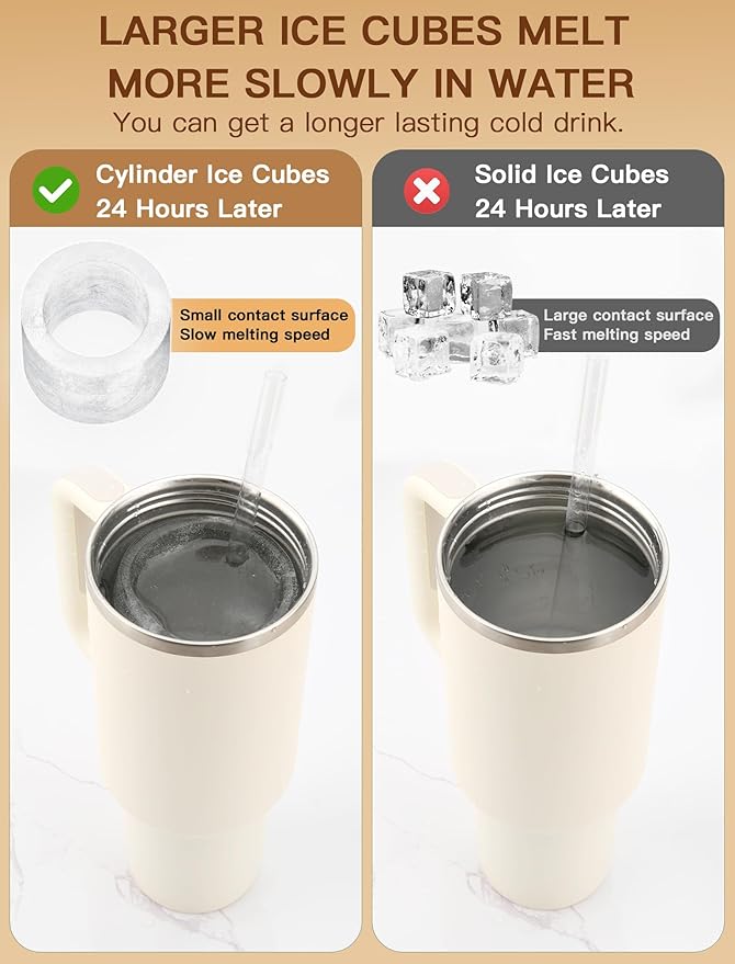 Ice Cube Tray for Tumbler Cup 30Oz-40Oz, 3 Pcs Silicone Cylinder Ice Mold with Lid and Bin for Freezer, Easy Fill and Release Ice Maker for Whiskey, Cocktail BPA-Free (Brown, 40Oz-Type1)