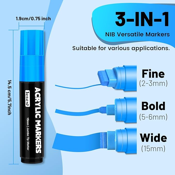 Acrylic Paint Markers – 12 Colors Jumbo Markers with 15mm Felt Tip Paint Pens, Waterproof Permanent Ink for Rock Painting, Stone, Ceramic, Glass, Wood, Canvas, Outdoor Art & Signs