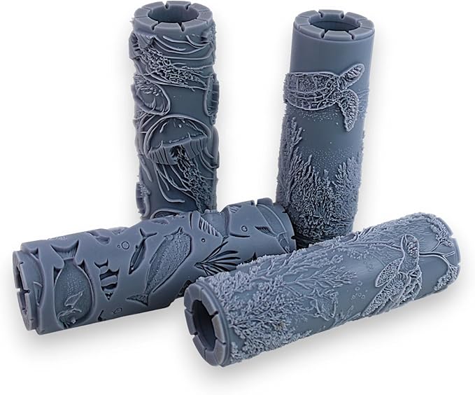 Coastal Creatures Collection 4-Pack Clay Texture Rollers (4") - Seamless Ocean Set #01 - Embossing Pattern Rollers for Polymer & Ceramic Clay, Pottery & Crafts