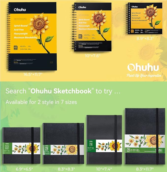 Ohuhu Sketchbook Marker Paper Pad: 8.3"x11.7" Large Art Sketch Book Drawing Papers 78 Sheets/156 Pages 120 lb/200 gsm Hardcover Sketching Books for Alcohol Markers Sketchpad Christmas Gift