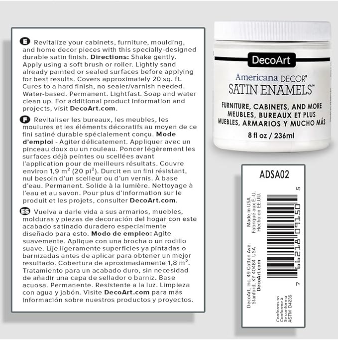 DecoArt Americana Decor Satin Enamels Acrylic Paint, Pure White, ADSA02, 8 fl oz, Jar (3 Pack)