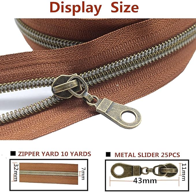 MebuZip #5 Antique Brass Metallic Nylon Coil Zippers by The Yard Bulk Coil Zipper Roll 10 Yards with 25pcs Pulls for DIY Sewing Craft Bags (Brown)