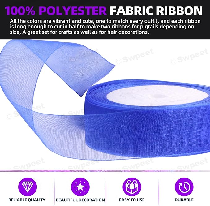 Swpeet 2 Rolls 50 Yards x 1 Inch Sapphire Blue Shimmer Sheer Fabric Ribbons Organza Ribbon, Transparent Sheer Ribbon Chiffon Fabric Ribbons for Bouquets Wedding Birthday Decoration