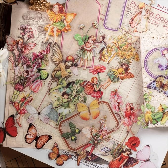 Vintage Flower Fairy Stickers 300Pcs Lot, Belebee 6 Packs Butterfly Fantasy Transparent Sticker for Scrapbooking Junk Journaling Paper Art Crafts Project Planner Album Diary Phone Cases Laptop Adult