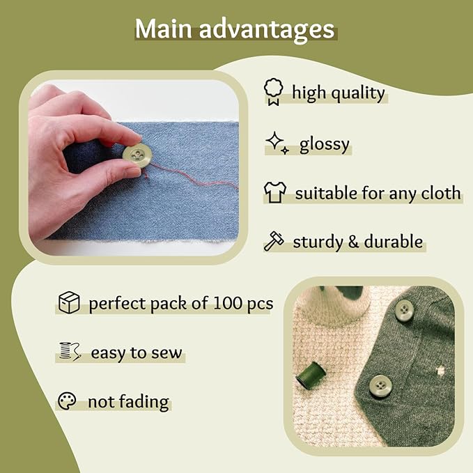Khaki 100 Pcs Sewing Buttons 0.75 inch Uniform Buttons 30L 4 Hole Plastic Green Glossy Olive 19mm Ideal for Jacket Work Uniforms Workwear School Outfits Aprons Pants Bags DIY Crafts