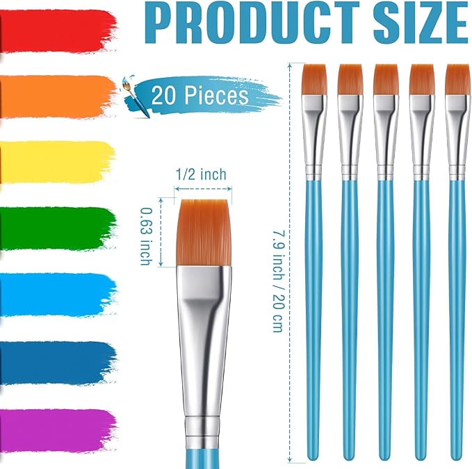Zonon 20 Pcs Flat Paint Brushes Acrylic Painting Craft Accessories Classroom Prizes Gifts Small Watercolor Paint Brushes Bulk for Adult Artist Detail Oil Canvas Face(1/2 Inch,Blue)