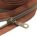 MebuZip #5 Antique Brass Metallic Nylon Coil Zippers by The Yard Bulk Coil Zipper Roll 10 Yards with 25pcs Pulls for DIY Sewing Craft Bags (Brown)