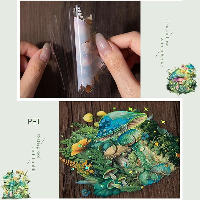 60PCS Holographic Mushroom Stickers for Scrapbooking – Clear Fairycore Aesthetic Stickers with Fantasy Glow, Cottagecore Fungi Forest Decals for Journaling, Planners, Resin Crafts, Laptop Decor