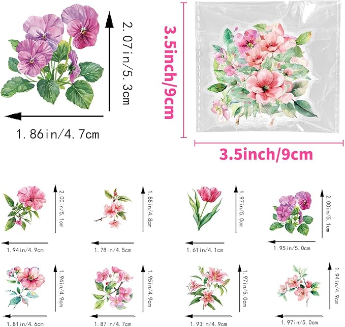 50pcs Pink Flower Stickers for Scrapbooking - Waterproof Clear Floral Botanical Sticker for Journaling, Crafts, Art Projects, Glass Potion Bottles