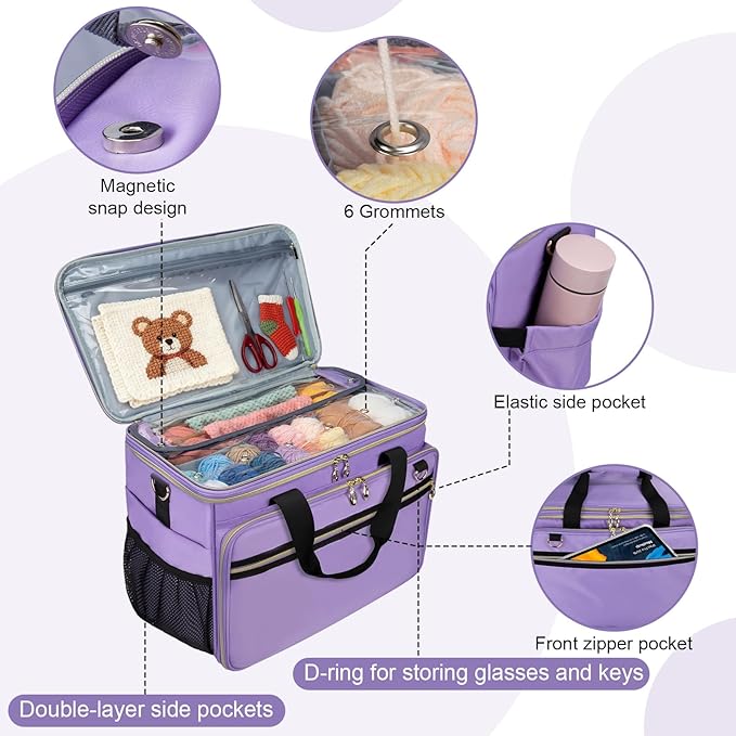 Anitor Large Crochet Bag Knitting Bag Yarn Storage Tote, Yarn Bag with Clear Top Lid, Unfinished Project Compartment, 6 Yarn Holes. Holds Knitting Needles, Crochet Hooks, Yarn, Purple, (Bag Only)