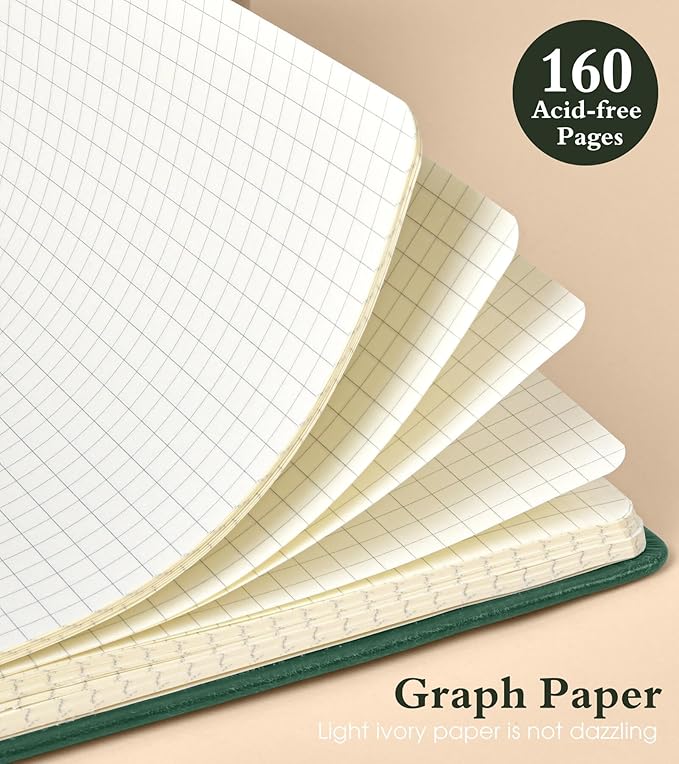 Graph Notebook for Women Men, 160 Pages Grid Paper, Graphing Notebooks for School, Work, Quad Ruled, Inner Pocket, A5 Hardcover Vintage Leather Journals for Writing, 5.8"x8.5" (Green)