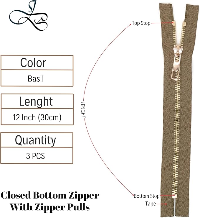 #5 Gold Metal Zipper - 50+ Colors - 3 PCS - (4-14 inches) Sizes - Luxury Lightweight Handcraft Metal Zippers with pulls for Purses Bags Pockets Shoes Sewing & Crafts DIY ZP024812