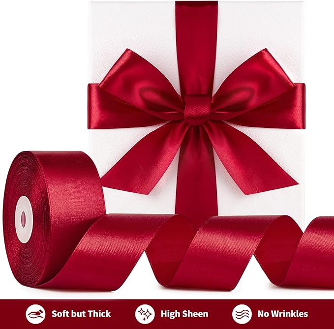1-1/2 Inch Wide Wine Red Satin Ribbon, 50 Yards Solid Polyester Fabric Ribbon for Roses Making, Gift Wrapping, Valentine's Day, Wedding Decorations, Crafts, Bows