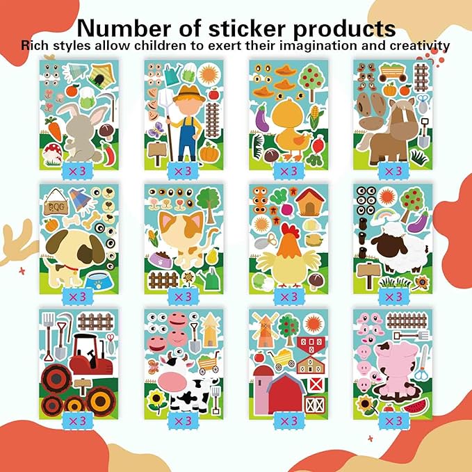 36 PCS Farm Animal Stickers Sheets, Make-a-face Sticker, Make Your Own Stickers for Kids Farm Themed Party Favors Supplies Craft Birthday Gift for Girls Boys