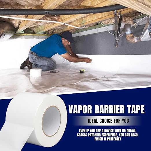 Vapor Barrier Tape, 3" Wide x 180' Long, 6 Roll, Polyethylene Tape, for Moisture Barriers and Crawl Spaces, Waterproof Seal and Seam Tape for Underlayment, Insulation and Plastic Liners