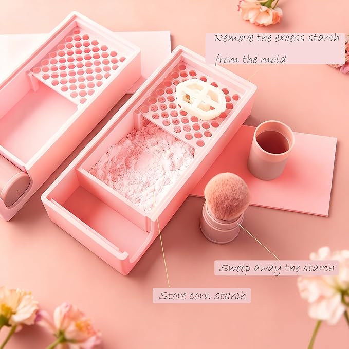 Cornstarch Powder Box Set with Brushes, 2-in-1 Powder Container with Removable Sifter & Sliding Lid, Non-Stick Tool for Polymer Clay Cutters & Jewelry Making (Pink)